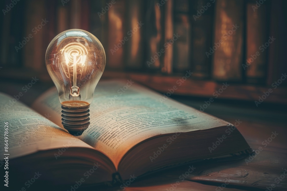 Poster a light bulb positioned atop an open book, a symbol of a lightbulb turning on, representing enlighte