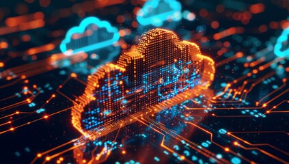 Digital cloud with glowing data particles floating in the dark sky, symbolizing advanced technology and innovation. Digital patterns representing network connections and cyber security.