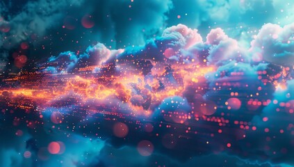 Digital cloud with glowing data particles floating in the dark sky, symbolizing advanced technology and innovation. Digital patterns representing network connections and cyber security.