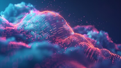 Digital cloud with glowing data particles floating in the dark sky, symbolizing advanced technology and innovation. Digital patterns representing network connections and cyber security.