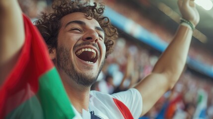A happy fan at a public event in a stadium, holding an Italian flag with a smile and making a gesture, while enjoying the fun and leisure with a cheering crowd. AIG41