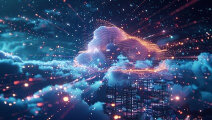 Digital cloud with glowing data particles floating in the dark sky, symbolizing advanced technology and innovation. Digital patterns representing network connections and cyber security.