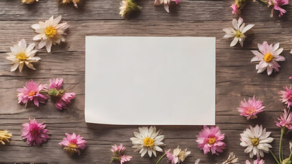 wooden background with flowers with paper note empty space for greeting message.  Love and greeting concept design. AI generated image, ai