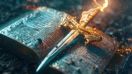 Sword of the spirit. Holy bible. For the word of God is living and active, sharper than any double-edged sword. Flaming sword of the spirit and the word of god concept art. With copy space.