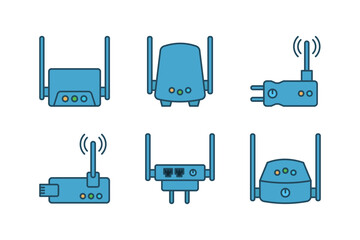 A set of minimalist flat illustrations of wireless access points and wifi routers