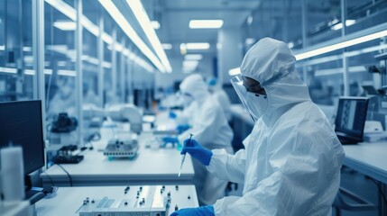 Fototapeta premium Scientists in Protective Gear Conducting Research in a Modern Laboratory with Advanced Equipment