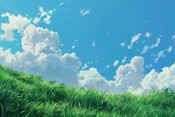 Fototapeta premium Beautiful green grass field under blue sky with white puffy clouds in the summer, digital art illustration