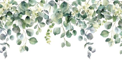 watercolor hanging wreath of eucalyptus greenery leaves, white background