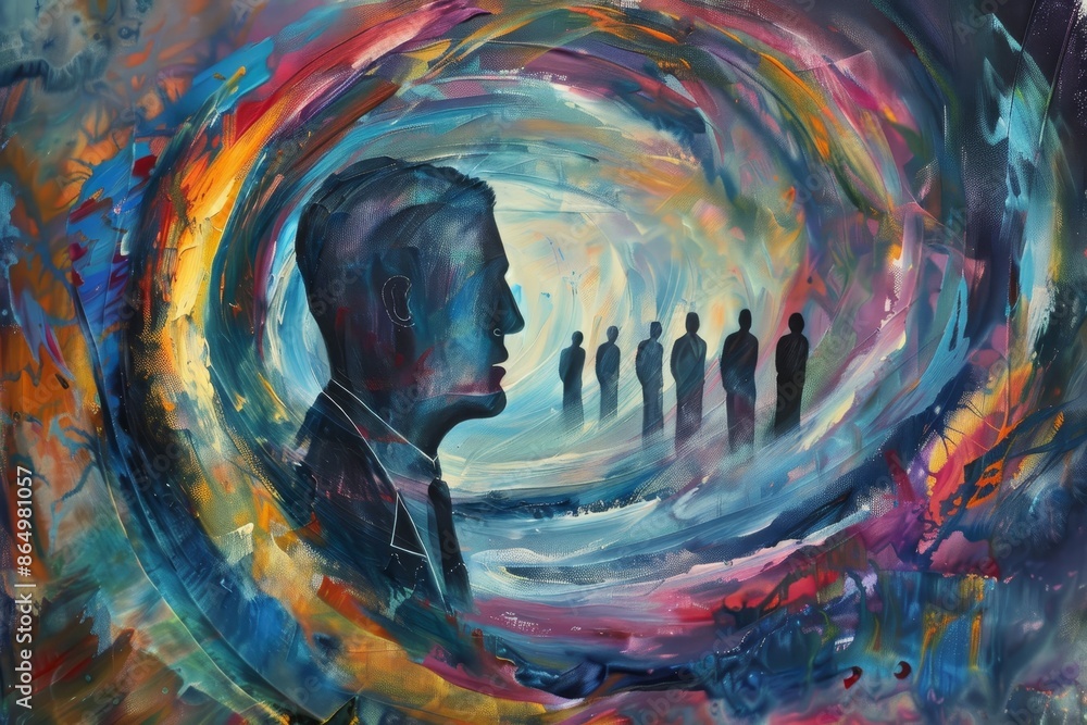 Poster a painting featuring a mans face centered in a circle, symbolizing a concept of identity or introspe
