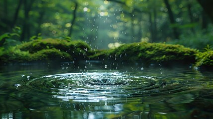 Fototapeta premium Serene forest scene with raindrops creating ripples in a calm pond, surrounded by lush green foliage and moss-covered ground.