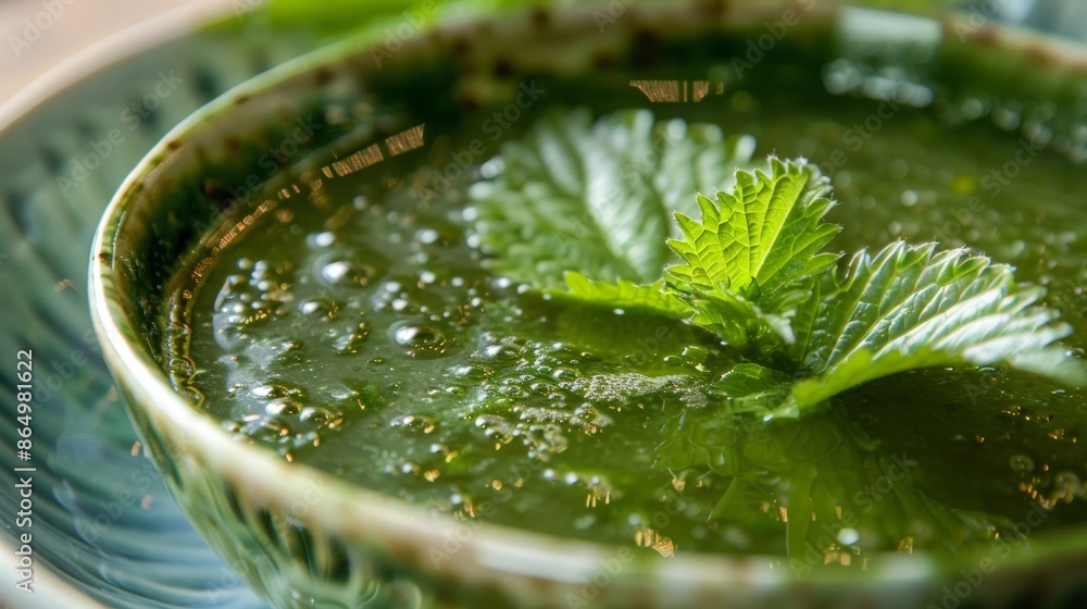 Poster the vibrant green color of nettle leaves stands out in the soup adding a pop of brightness and nutri