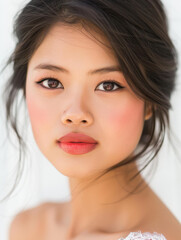 Fototapeta premium Stunning yearold Asian woman with flawless makeup in red lipstick and smokey eye shadow.
