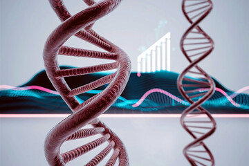 High-resolution image of a DNA double helix against a futuristic background, illustrating the concepts of medical science, biotechnology, and gene manipulation. 