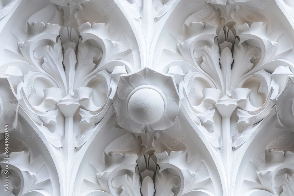 Poster close up view of a decorative wall with a symmetrical arrangement of white shapes creating an intric