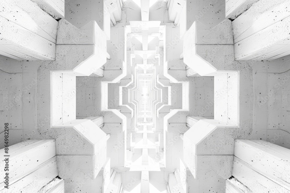 Poster abstract view of a symmetrical white building structure, a symmetrical arrangement of white shapes c