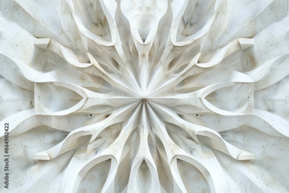 Poster close up view of a white sculpture showing intricate symmetrical arrangement of shapes, a symmetrica