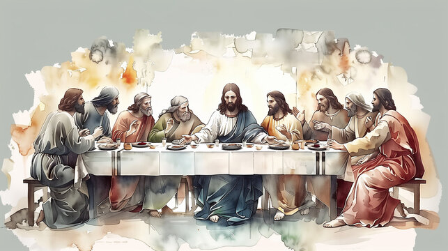 Watercolor Illustration of Jesus Christ at the Last Supper with Disciples