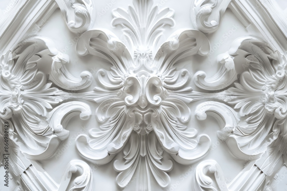 Poster close up view of a white wall with a symmetrical pattern of shapes, a symmetrical arrangement of whi