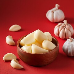 Fresh peeled garlic in bowl on red background
