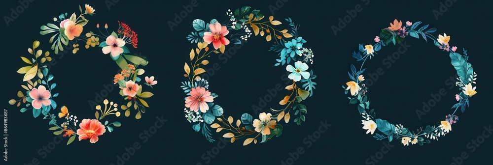 Poster three floral wreaths with various styles and colors on a deep blue background. generative ai