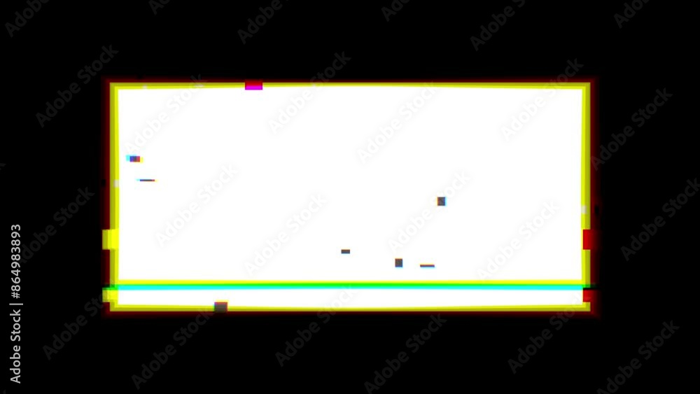 Poster white frame animation on a black background with glitches, static and chromatic aberration effects