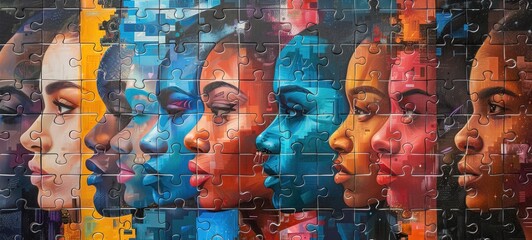 Multi colored puzzle faces with different people showing Diversity and inclusion, equity and belonging