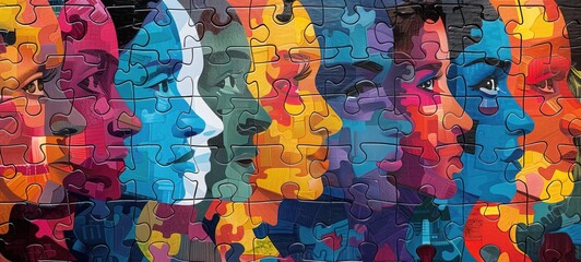 Naklejka premium Multi colored puzzle faces with different people showing Diversity and inclusion, equity and belonging
