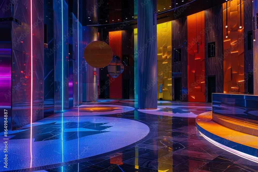 Poster a brightly lit room filled with numerous light sources, creating a dazzling display of colors and br
