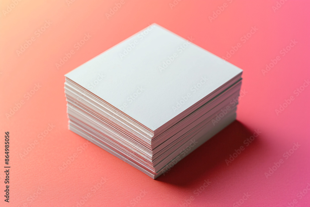 Poster stack of white square tiles on a gradient background transitioning from pink to orange