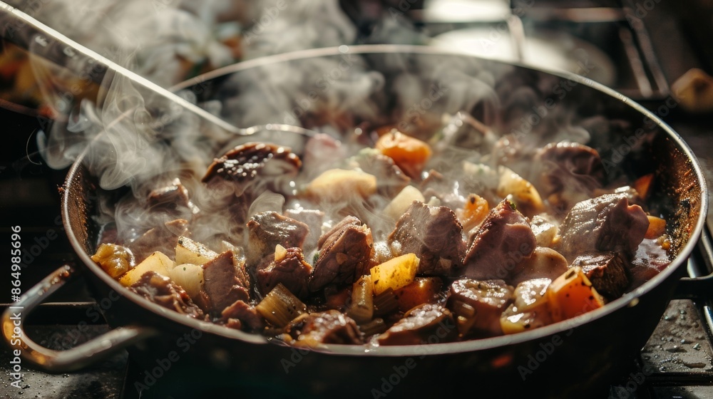 Poster steam rises from a pot of fragrant wild game stew filled with chunks of tender moose meat root veget