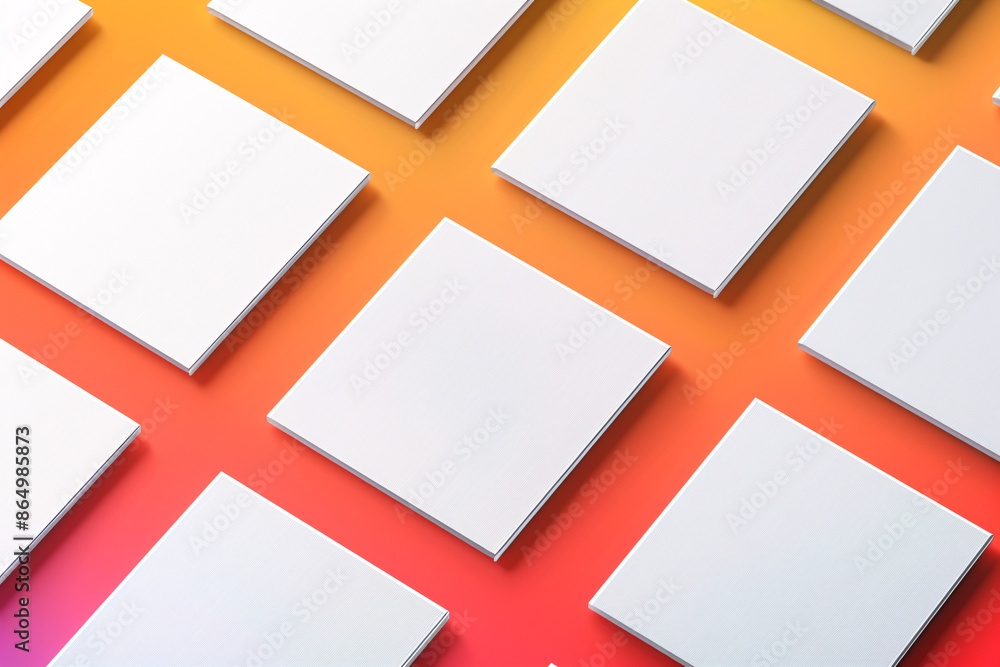 Poster white square tiles arranged diagonally on a gradient background transitioning from pink to orange