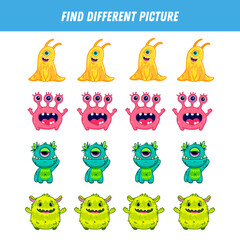 Find different monster each row. Logical game for kids. Cartoon character. Doodle.