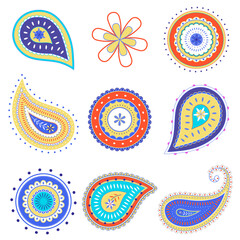 Paisley mandala png sticker, Indian traditional colorful illustration set