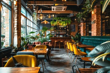 Fototapeta premium A stylish cafeteria with wooden tables, yellow chairs, and green plants