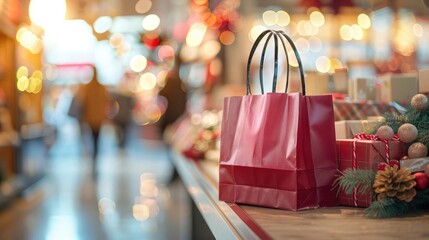 Holiday shopping bags, Black Friday deals, bustling store, festive atmosphere, gift box displays