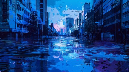 Futuristic Urban Flooding: Neon Blue Sea Level Rise Digital Painting