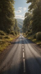 Landscape, a straight road heading towards the horizon in the middle of a dense forest
