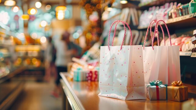 Holiday shopping bags, Black Friday deals, bustling store, festive atmosphere, gift box displays - Powered by Adobe