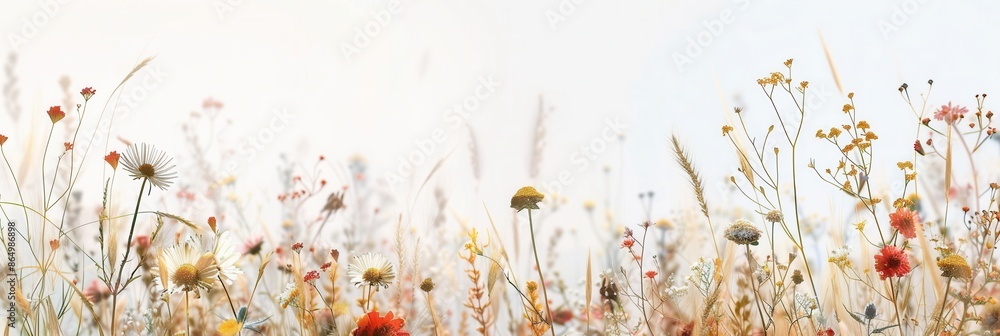 Poster A beautiful field of wildflowers bathed in the soft light of morning, perfect for a rustic and natural aesthetic. Generative AI