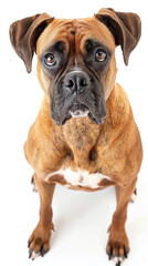 Obraz premium boxer dog is looking at the camera , help me in white studio