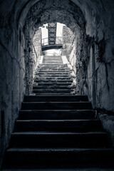 Stratified remains of ancient and modern fortresses. A unique example in the world. The fortress of Osoppo. Black and white.