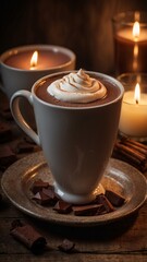 A cup of hot chocolate with candles lighting the background