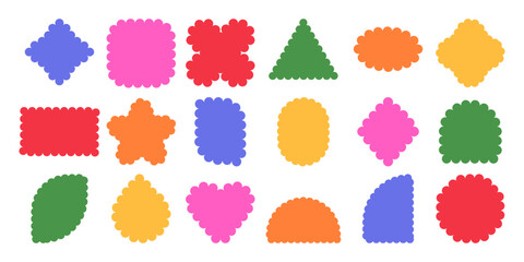 Scallop edge shapes multicolored - circle, square, modern brutalism forms. Retro vawe swiss design elements with frill border.