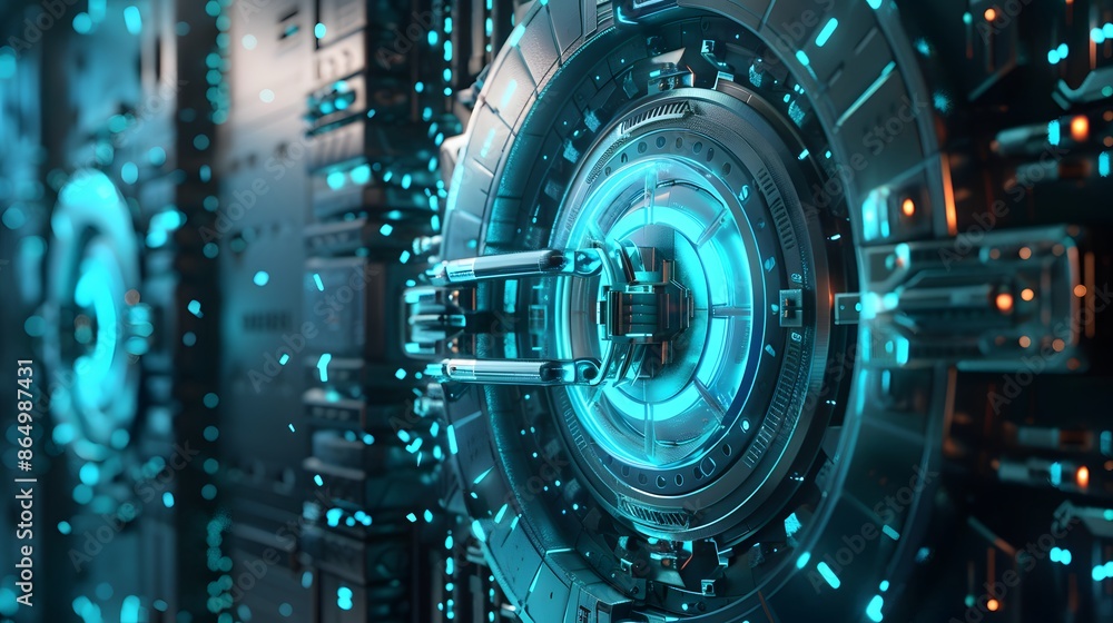 Poster a strong password protects data, visualized as a complex lock on a digital vault