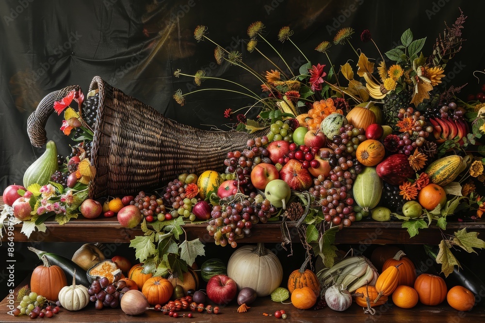 Aufkleber a variety of fresh fruits and vegetables arranged in a bountiful display on a table, a table set wit