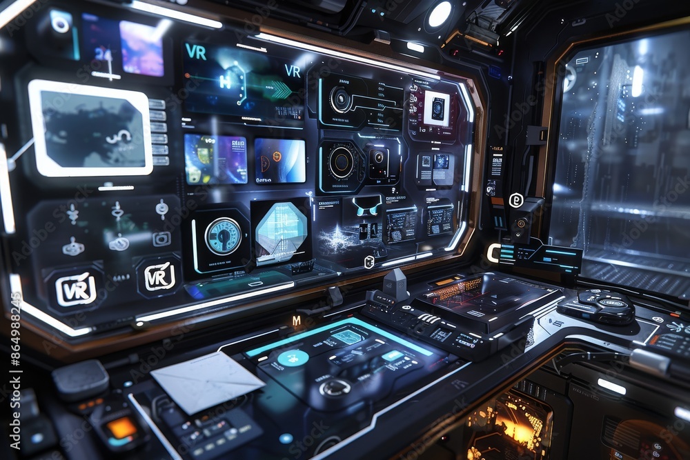 Poster futuristic control room with multiple vr interfaces, highlighting advanced virtual reality technolog