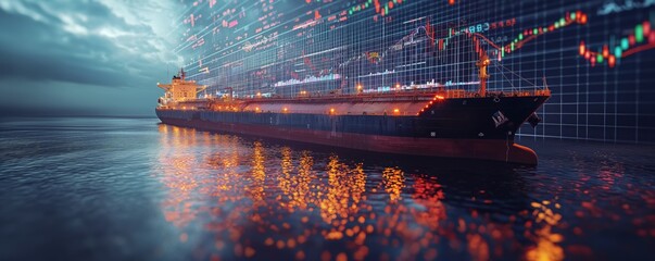 A concept image blending a cargo ship with stock market trading graphs, hinting at economic trade