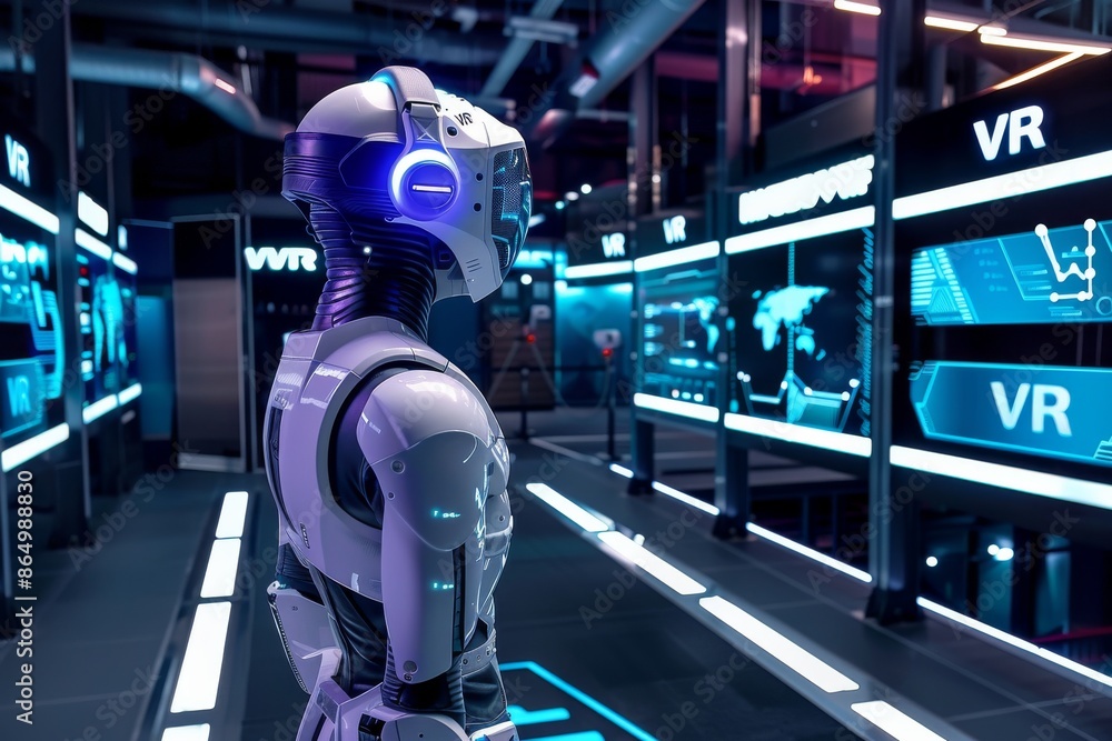 Poster humanoid robot with vr interface in a futuristic setting, highlighting the integration of virtual re