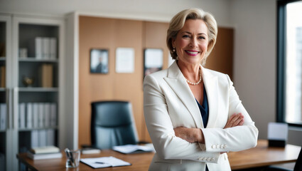 A confident businesswoman stands in her office with her arms crossed, smiling warmly at the camera. The office is well-lit and modern, with a large window and a desk in the background