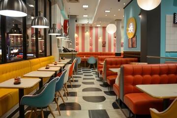 A stylish cafeteria with bright red and yellow booths, checkered floor, and modern lighting